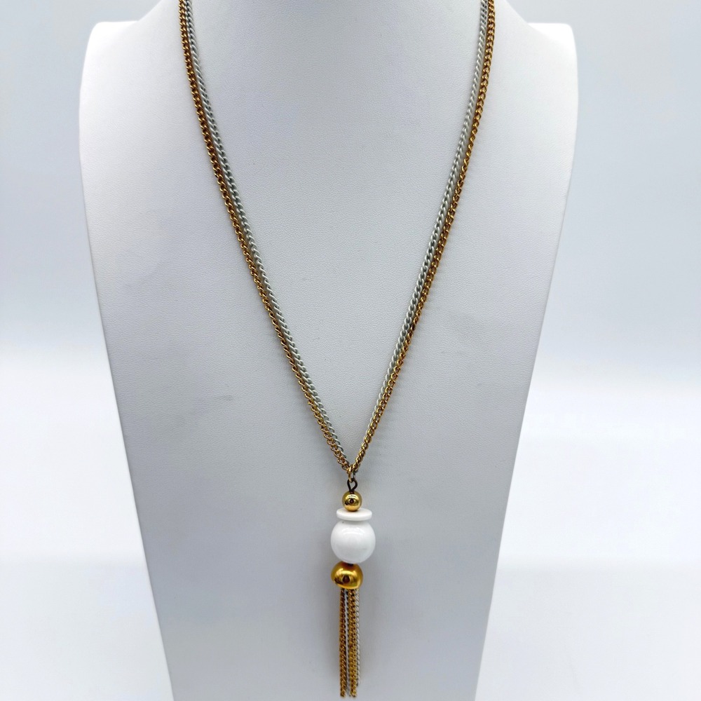 Vintage White Enamel Gold Tone Tassel Necklace Mod Retro Statement Chain